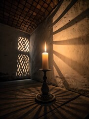 A lit candle on a stand casting shadows in a room with a window and brick ceiling