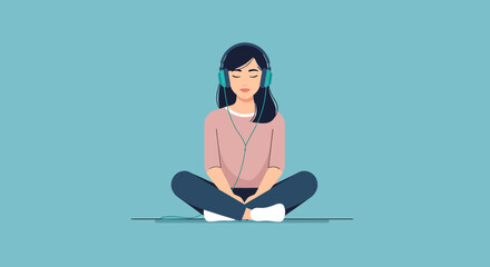 Serene woman with closed eyes listening to music with teal headphones in a crosslegged pose.
