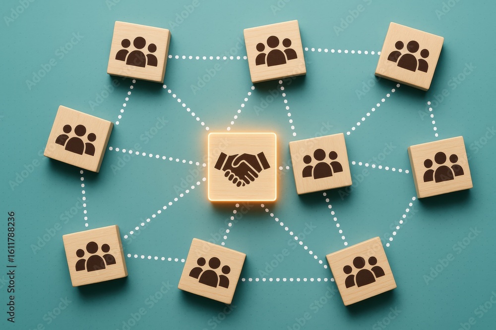 Poster conceptual business partnership: illustrating a collaborative network with interconnected nodes and 