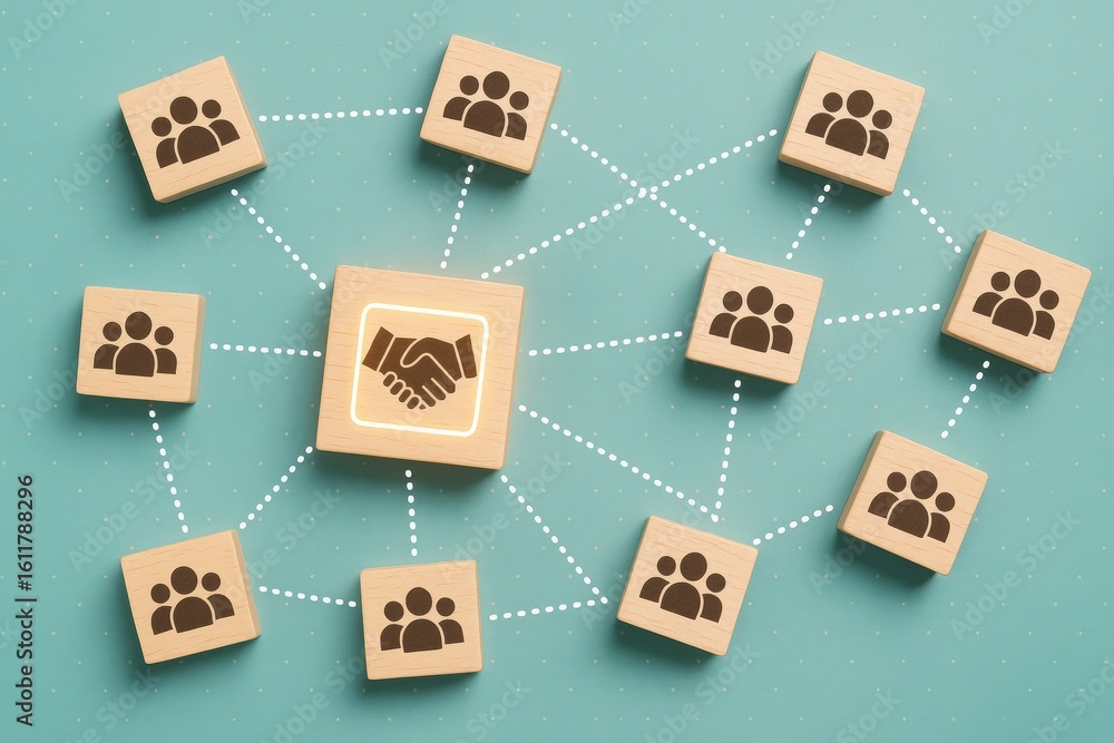 Poster business connection: wooden blocks linked together form a visual network. the central block prominen