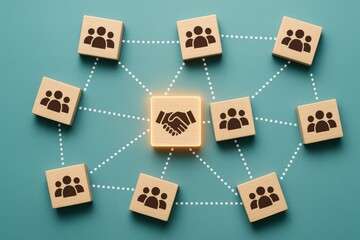 Conceptual Business Partnership: Illustrating a collaborative network with interconnected nodes and a central handshake icon, representing the power of agreements and unity in business ventures.