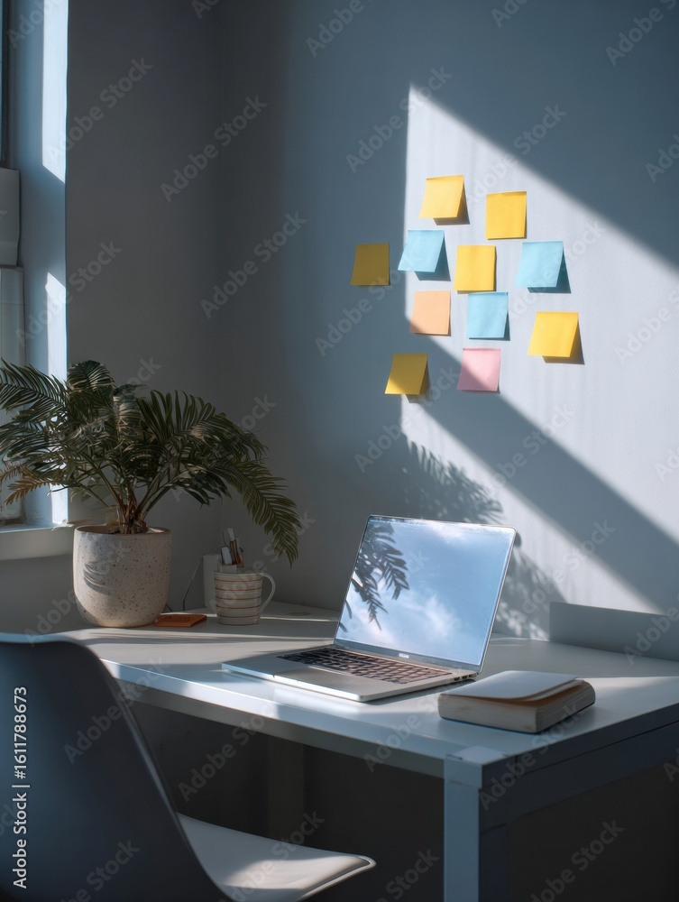 Poster calm minimalist study space with laptop and notes creating an inviting atmosphere for focused work d
