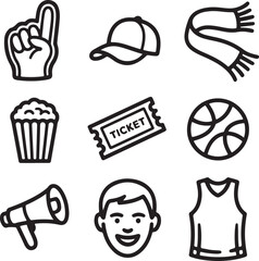 Basketball Fan Gear & Accessories Icon Pack Foam Finger, Cap, Team Scarf, Ticket, Popcorn, Megaphone, Face Paint, Basketball Jersey