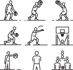 Basketball Game Action Line Icon Collection Dribbling, Shooting, Dunking, Passing, Defensive Stance, Referee Signal, Timeout Huddle