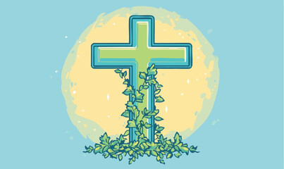 Celebrate faith and new beginnings with this cross adorned with vibrant leaves symbolizing growth and hope © Dinesharts