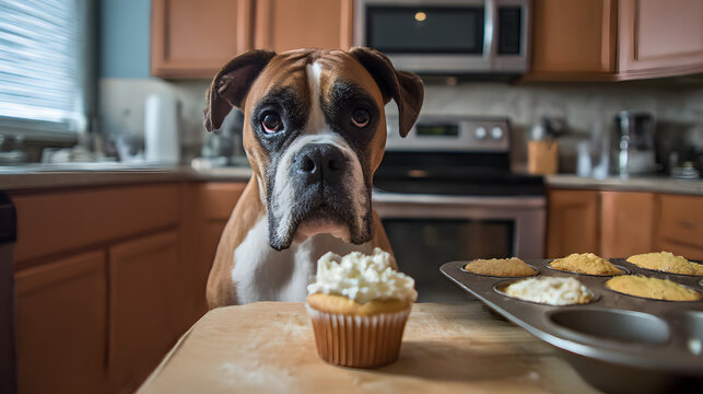 dog with puncake in a kitchen 