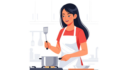 Fototapeta premium Smiling woman in apron cooking with spatula over a pot on a stove.