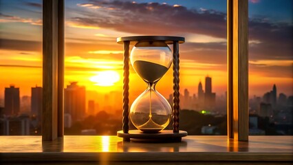 Hourglass on table overlooking city at sunset