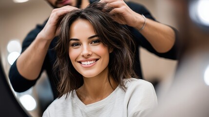 Woman enjoying a haircut at a modern salon with a stylist