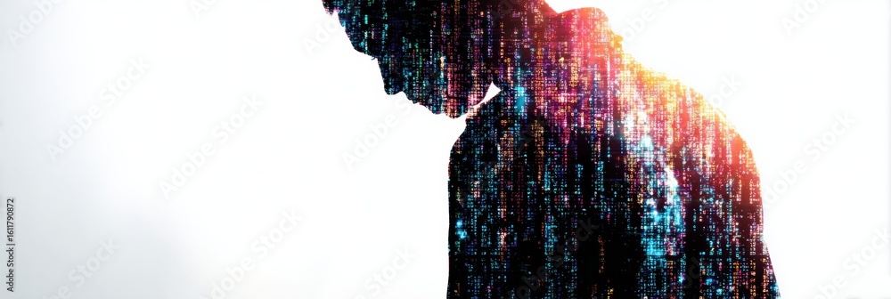 Poster human silhouette filled with digital code reflecting the intersection of technology and identity in 