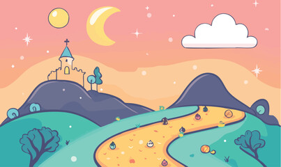 Obraz premium Enchanting cartoon landscape with castle under crescent moon and sun for childrens book illustration