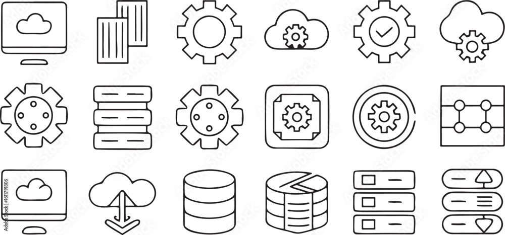 Poster isolated black line devops icons set with code, cloud, gear, cicd, server, api, container, automatio
