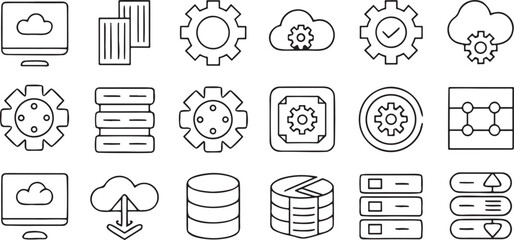 Isolated black line DevOps icons set with code, cloud, gear, CICD, server, API, container, automation, deploy, monitoring, debugging, virtual machine, database, scripting tools