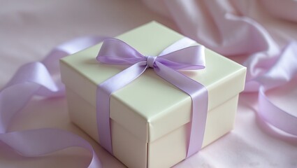 Obraz premium Elegant cream colored gift box tied with a soft lavender ribbon and bow on a satin background