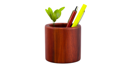 Wooden desk organizer with green plant and writing instruments