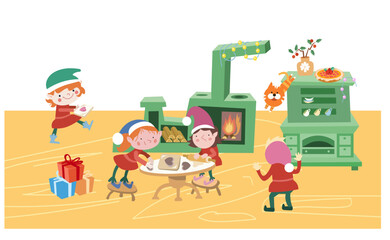 Elves are preparing for Christmas. New Year and winter holidays. Children scene for design. Vector illustration.