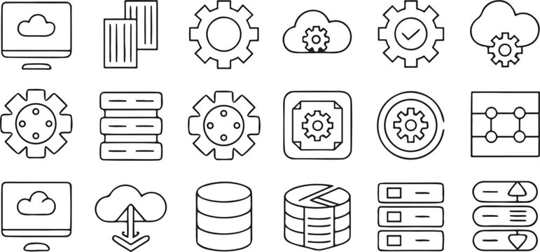 Isolated black line DevOps icons set with code, cloud, gear, CICD, server, API, container, automation, deploy, monitoring, debugging, virtual machine, database, scripting tools