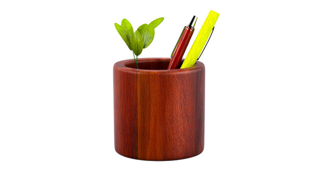 Wooden desk organizer with green plant and writing instruments