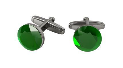 Green gemstone cufflinks with silver accents on clear background
