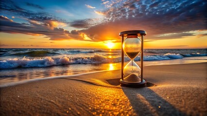 Hourglass on a beach at sunset with waves