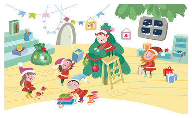 Elves are preparing for Christmas. New Year and winter holidays. Children scene for design. Vector illustration.