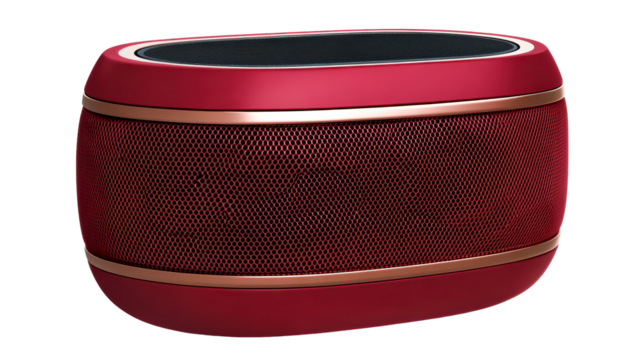 Portable wireless speaker with striking red and gold design