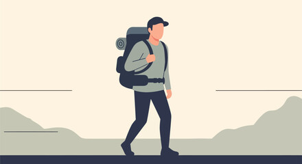 Obraz premium Stylized Hiker with Backpack Wearing Cap Walking on a Trail.