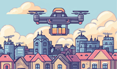 Obraz premium Modern drone flying over rooftops in a vibrant city, delivering packages with speed and precision