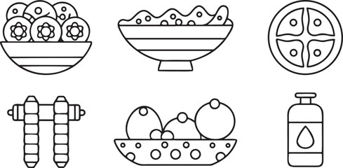 Isolated vector icons set for healthy food and nutrition including salad bowl, vitamins, fruits, water bottle, balanced meal, calorie count, clean organic style, diet and nutrition concepts