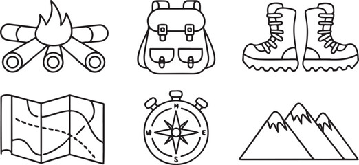 Isolated flat vector travel adventure icons set including hiking boots, compass, backpack, map, campfire, mountain peak, outdoor nature, exploration, tourism, adventure activities