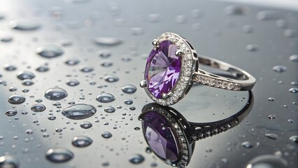 Close up of a silver ring with a purple stone on a wet surface with water droplets
