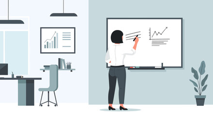 Woman drawing a rising graph on a whiteboard in a modern office setting.