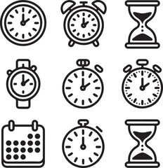 Classic Time Icons Vector Set Outline Icons of Alarm Clock, Wall Clock, Hourglass, Watch, Stopwatch, Calendar, and Countdown Timer