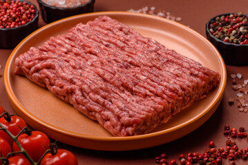 Raw ground beef meat food, ingredient for making cutlets or meatballs. Raw ground beef