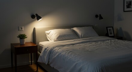 Cozy bedroom with a bedside lamp illuminating a made bed