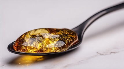 Golden amber liquid on a black spoon.