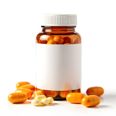 Medicine bottle with blank label and colorful capsules scattered on white background.
