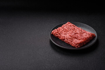 Raw ground beef meat food, ingredient for making cutlets or meatballs. Raw ground beef