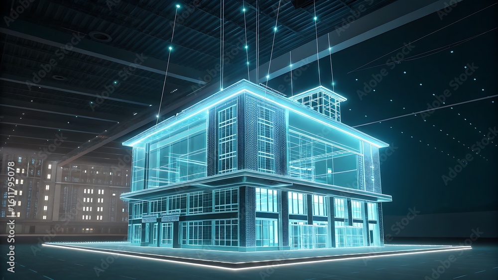 Poster futuristic building blueprint: illuminated structure design for architectural visualization and conc