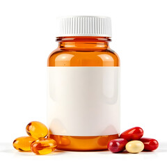 Brown transparent pill bottle with blank white label, surrounded by colorful capsules, realistic photo style, isolated on white background, concept of healthcare and medicine