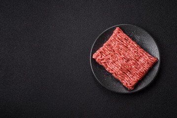 Raw ground beef meat food, ingredient for making cutlets or meatballs. Raw ground beef