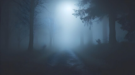 Misty, moonlit forest path, shrouded in eerie fog.  Silhouetted trees and figures fill the scene