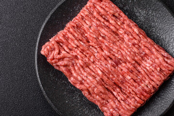 Raw ground beef meat food, ingredient for making cutlets or meatballs. Raw ground beef
