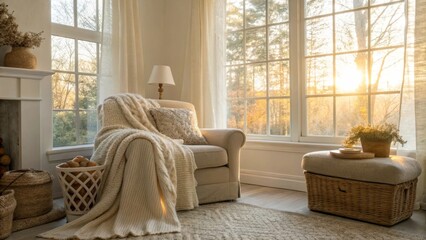 Fototapeta premium Cozy Living Room with Natural Light and Warm Decor Elements