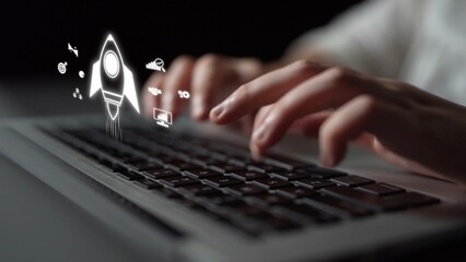 Startup launch and business growth concept, rocket symbolism, entrepreneurship, startup innovation,...