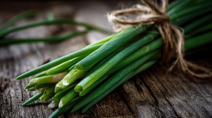 Fototapeta premium Close up of fresh green scallions tied with twine on a rustic wooden surface.