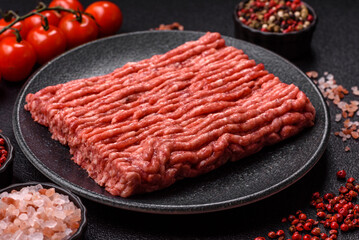 Raw ground beef meat food, ingredient for making cutlets or meatballs. Raw ground beef