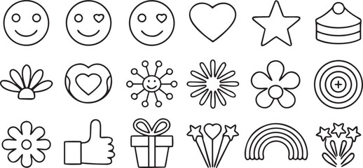 Isolated cheerful lifestyle and happy moments icons, black vector design, joy expression, celebration ribbon, party sparkles, hug, love, peace sign, dancing figure, smiling faces