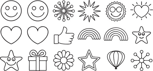 Isolated happiness and emotional wellness icon set, editable black vector style, smiley face, celebration balloons, sparkles, hug, heart, dance, cheerful vibe, love symbol, positive mindset