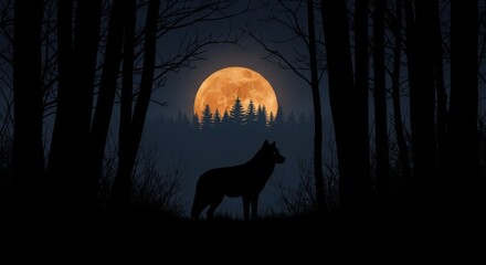 Majestic Wolf Howling at the Full Moon in a Dark Forest